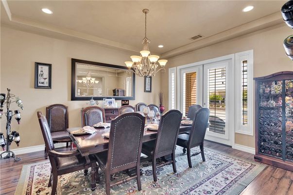Chandelier, Dining room, Interior, Recessed Lighting, Wood Texture Flooring