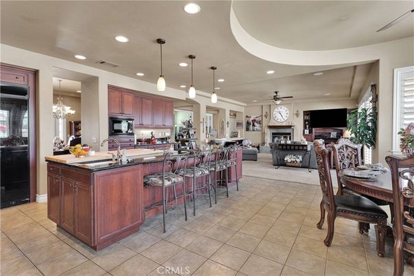 Chandelier, Dining room, Fireplace, Interior, Kitchen, Living room, Pendant Lights, Recessed Lighting