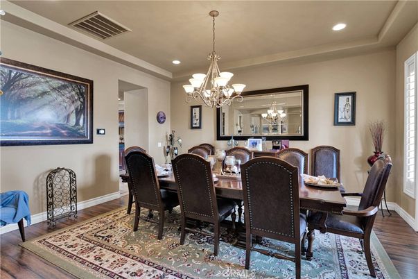 Chandelier, Dining room, Interior, Recessed Lighting, Wood Texture Flooring