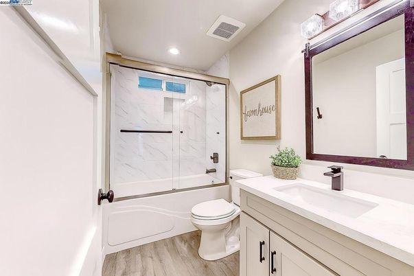 Bathroom, Glass Shower, Interior, Marble Walls, Recessed Lighting, Wood Texture Flooring