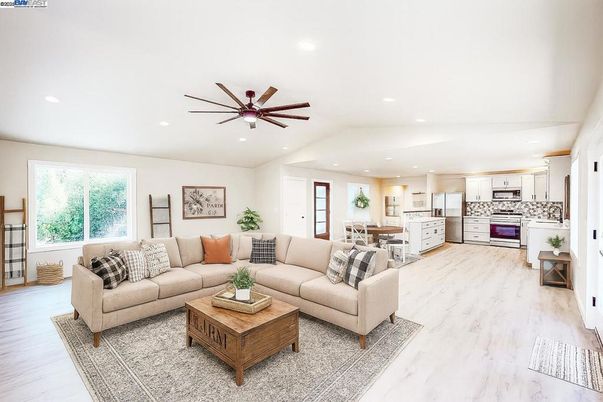 Interior, Kitchen, Living room, Recessed Lighting, Stainless Steel Appliances, Wood Texture Flooring