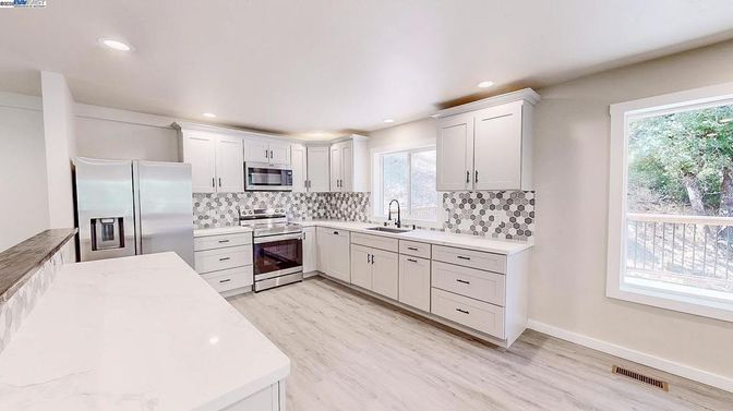 Interior, Kitchen, Recessed Lighting, Stainless Steel Appliances, Wood Texture Flooring