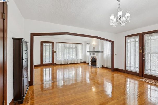Chandelier, Empty room, Fireplace, Interior, Wood Texture Flooring