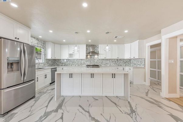 Interior, Kitchen, Marble, Pendant Lights, Recessed Lighting, Stainless Steel Appliances