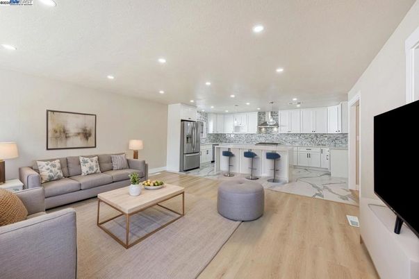 Interior, Kitchen, Living room, Marble, Pendant Lights, Recessed Lighting, Stainless Steel Appliances, Wood Texture Flooring