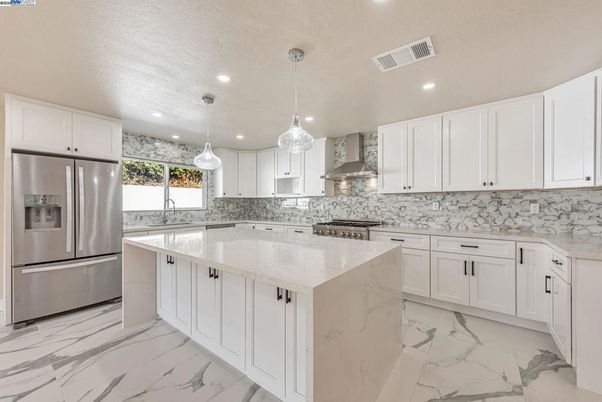 Interior, Kitchen, Marble, Pendant Lights, Recessed Lighting, Stainless Steel Appliances