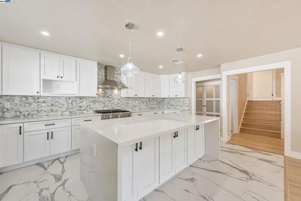 Interior, Kitchen, Marble, Pendant Lights, Recessed Lighting, Stainless Steel Appliances