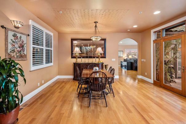 Dining room, Interior, Pendant Lights, Recessed Lighting, Wood Texture Flooring