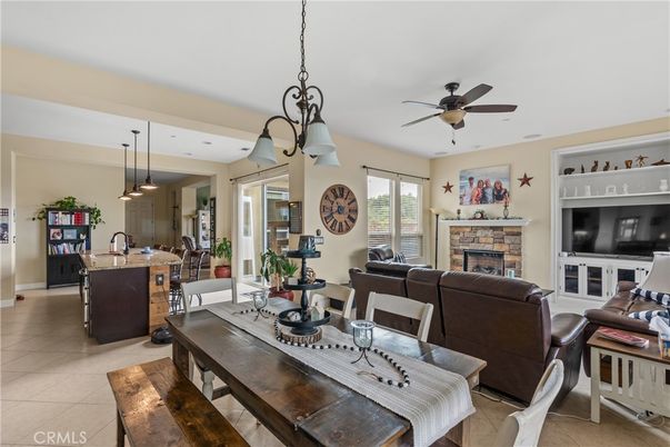 Dining room, Fireplace, Interior, Kitchen, Living room, Pendant Lights