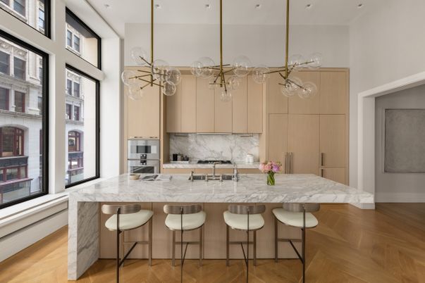 Interior, Kitchen, Marble Walls, Pendant Lights, Recessed Lighting, Stainless Steel Appliances, Wood Texture Flooring