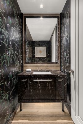 Bathroom, Interior, Marble Walls, Recessed Lighting, Wood Texture Flooring