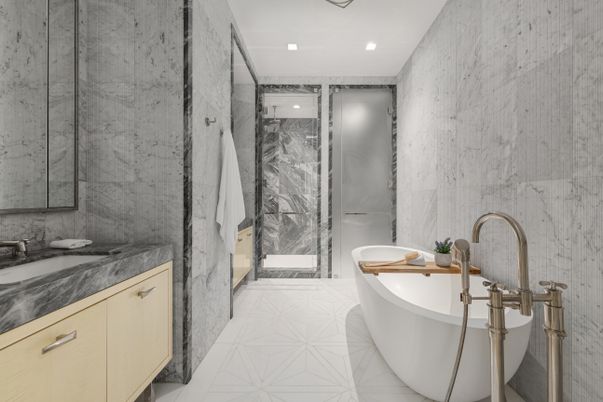 Bathroom, Dual Sink Vanities, Free Standing Baths, Glass Shower, Interior, Marble Walls, Recessed Lighting