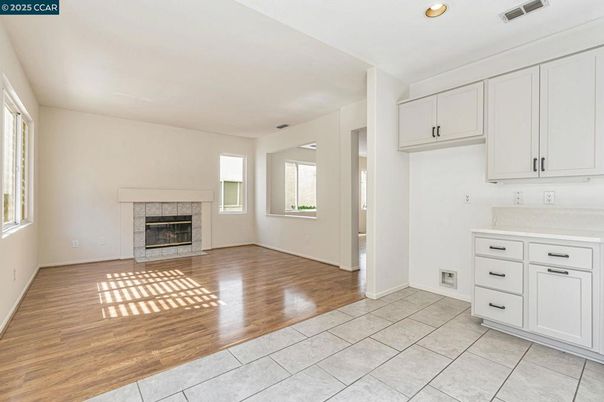 Empty room, Fireplace, Interior, Recessed Lighting, Wood Texture Flooring