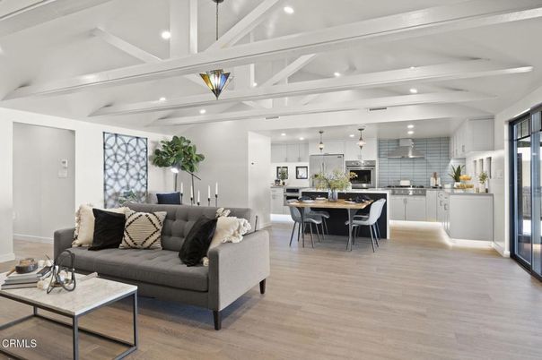 Dining room, Interior, Kitchen, Living room, Pendant Lights, Recessed Lighting, Stainless Steel Appliances, Wood Texture Flooring