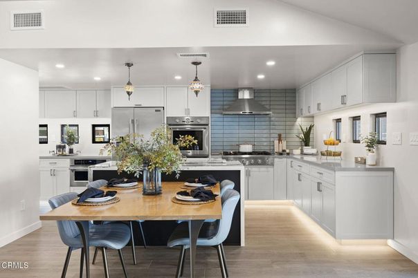 Interior, Kitchen, Pendant Lights, Recessed Lighting, Stainless Steel Appliances, Wood Texture Flooring