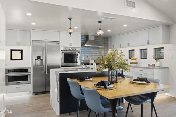 Interior, Kitchen, Pendant Lights, Recessed Lighting, Stainless Steel Appliances, Wood Texture Flooring