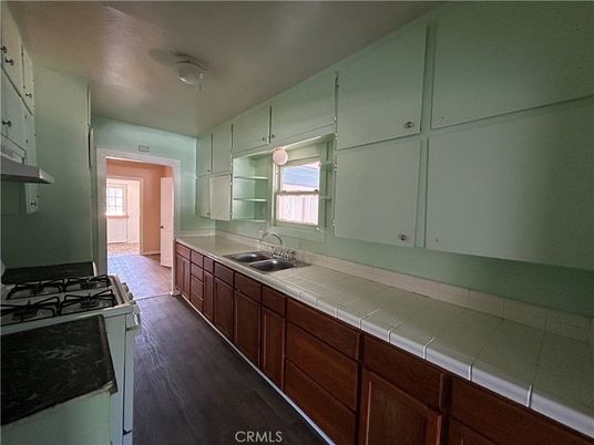 Interior, Kitchen, Tile Countertops, Wood Texture Flooring