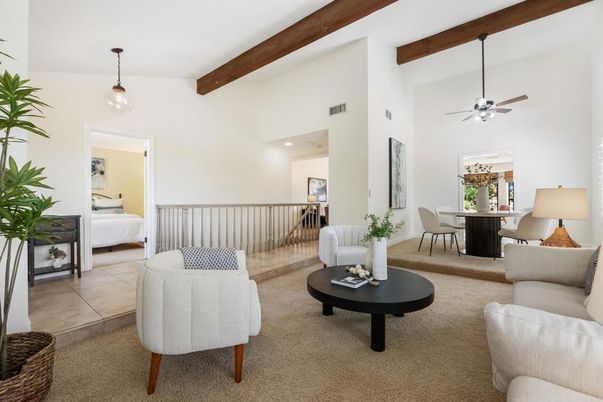 Bedroom, Dining room, Interior, Living room, Pendant Lights, Recessed Lighting, Wooden Beams