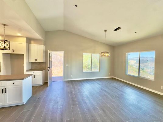 Empty room, Interior, Kitchen, Pendant Lights, Recessed Lighting, Wood Texture Flooring