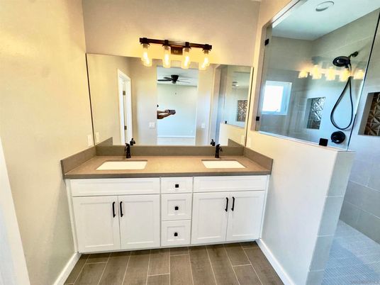 Bathroom, Dual Sink Vanities, Interior, Wood Texture Flooring