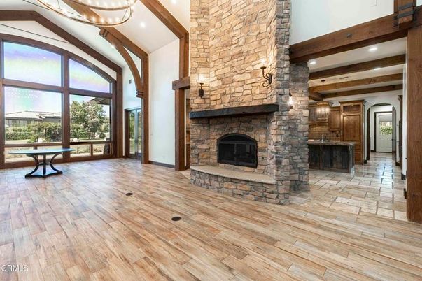 Fireplace, Interior, Recessed Lighting, Stone Walls, Wooden Beams, Wood Texture Flooring