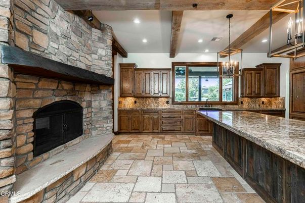 Fireplace, Interior, Kitchen, Pendant Lights, Recessed Lighting, Stone Walls, Wooden Beams