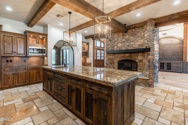 Fireplace, Interior, Kitchen, Pendant Lights, Recessed Lighting, Stone Walls, Wooden Beams