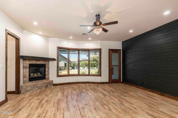 Empty room, Fireplace, Interior, Recessed Lighting, Wood Texture Flooring