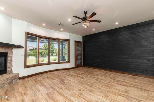 Empty room, Fireplace, Interior, Recessed Lighting, Wood Texture Flooring