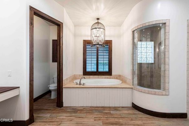 Bathroom, Chandelier, Glass Shower, Interior, Wood Texture Flooring