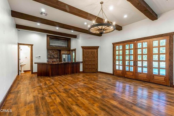 Chandelier, Empty room, Interior, Recessed Lighting, Wooden Beams, Wood Texture Flooring