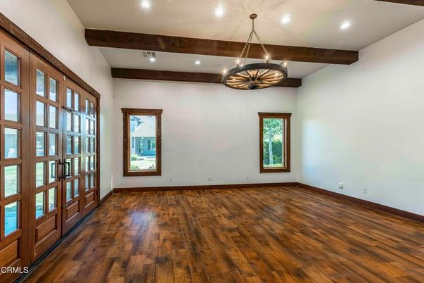 Chandelier, Empty room, Interior, Recessed Lighting, Wooden Beams, Wood Texture Flooring