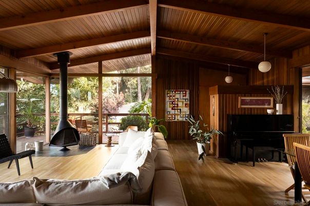 Fireplace, Interior, Living room, Pendant Lights, Piano, Wooden Beams, Wooden Ceilings, Wood Texture Flooring, Wooden Walls