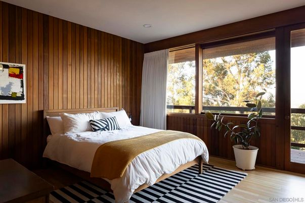 Bedroom, Interior, Recessed Lighting, Wood Texture Flooring, Wooden Walls