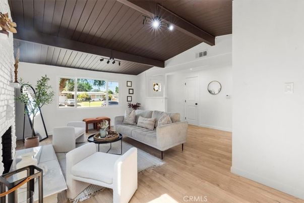 Fireplace, Interior, Living room, Recessed Lighting, Wooden Beams, Wooden Ceilings, Wood Texture Flooring