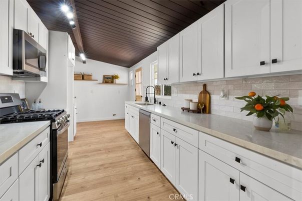 Interior, Kitchen, Recessed Lighting, Stainless Steel Appliances, Wooden Ceilings, Wood Texture Flooring