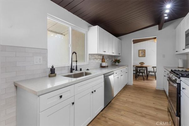 Interior, Kitchen, Recessed Lighting, Stainless Steel Appliances, Wooden Beams, Wooden Ceilings, Wood Texture Flooring