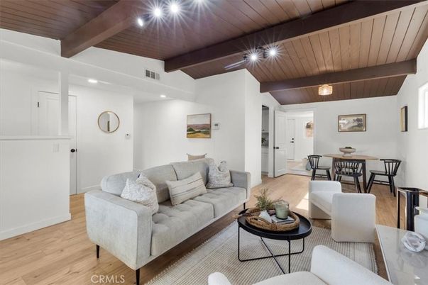 Dining room, Interior, Living room, Recessed Lighting, Wooden Beams, Wooden Ceilings, Wood Texture Flooring