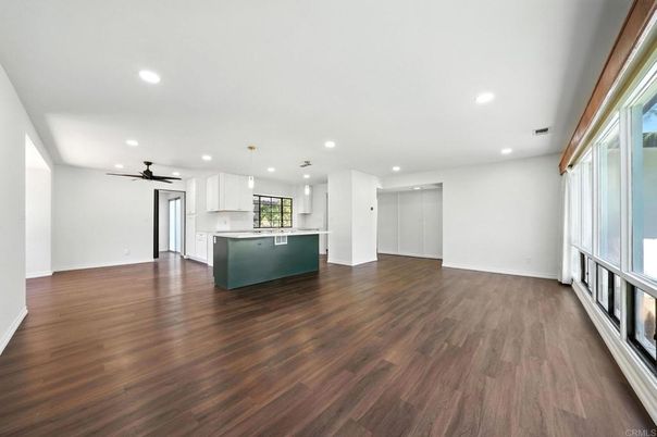 Empty room, Interior, Kitchen, Pendant Lights, Recessed Lighting, Wood Texture Flooring