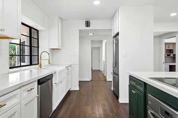 Interior, Kitchen, Recessed Lighting, Stainless Steel Appliances, Wood Texture Flooring