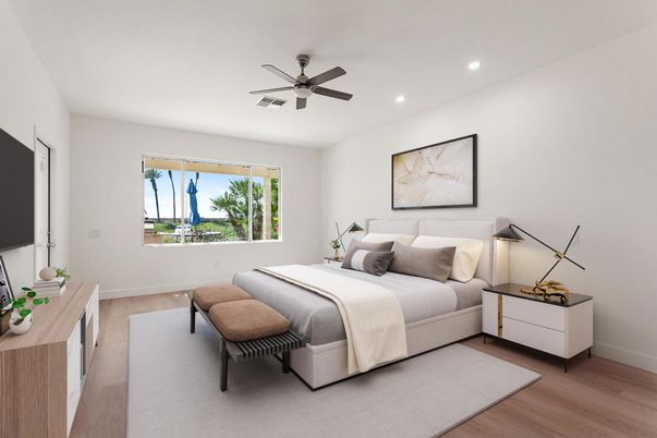 Bedroom, Interior, Recessed Lighting, Wood Texture Flooring