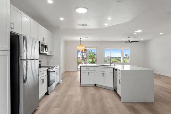 Interior, Kitchen, Pendant Lights, Recessed Lighting, Wood Texture Flooring