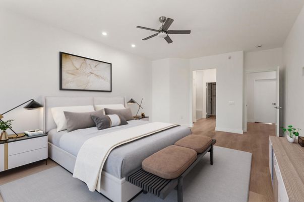 Bedroom, Interior, Recessed Lighting, Wood Texture Flooring