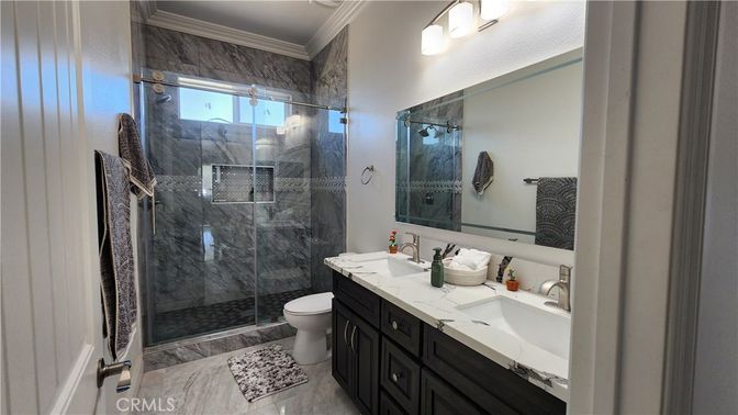 Bathroom, Dual Sink Vanities, Glass Shower, Interior, Marble Walls