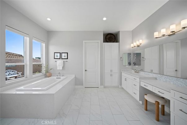 Bathroom, Dual Sink Vanities, Interior, Marble, Recessed Lighting