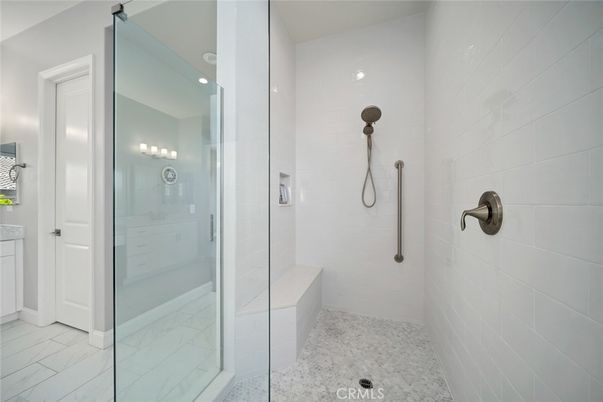 Bathroom, Glass Shower, Interior, Marble, Recessed Lighting