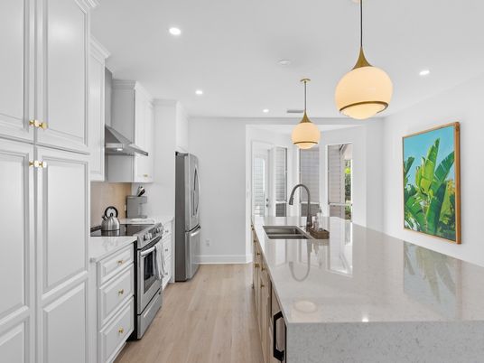 Interior, Kitchen, Pendant Lights, Recessed Lighting, Stainless Steel Appliances, Wood Texture Flooring