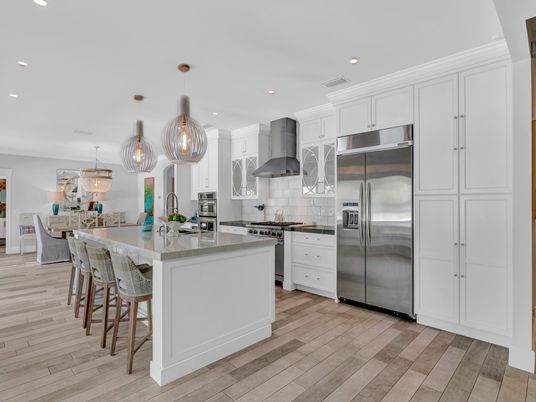 Chandelier, Interior, Kitchen, Pendant Lights, Recessed Lighting, Stainless Steel Appliances, Wood Texture Flooring