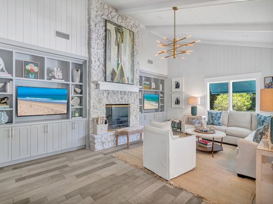 Fireplace, Interior, Living room, Pendant Lights, Wood Texture Flooring