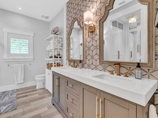 Bathroom, Dual Sink Vanities, Interior, Recessed Lighting, Wood Texture Flooring